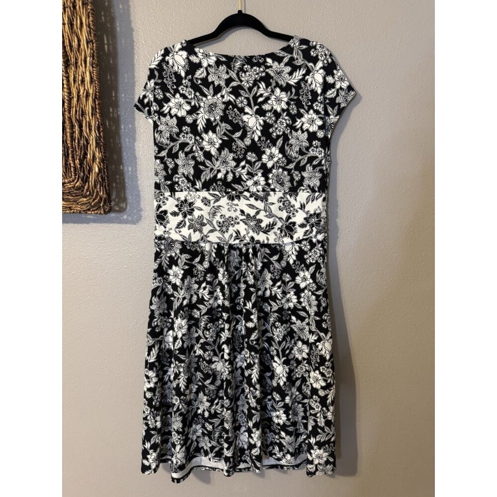Lands End Dress XL Black Ivory Cap Sleeve Stretch Cotton Floral Washable NEW - Picture 11 of 14